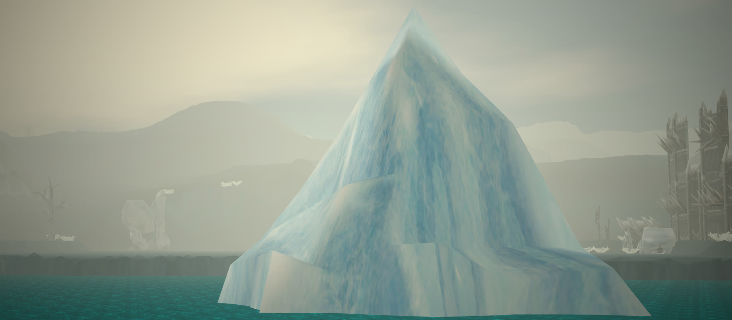 In-game photo: a blue iceberg rises from the frozen lake in Glacier, with mountains and a fortress beyond