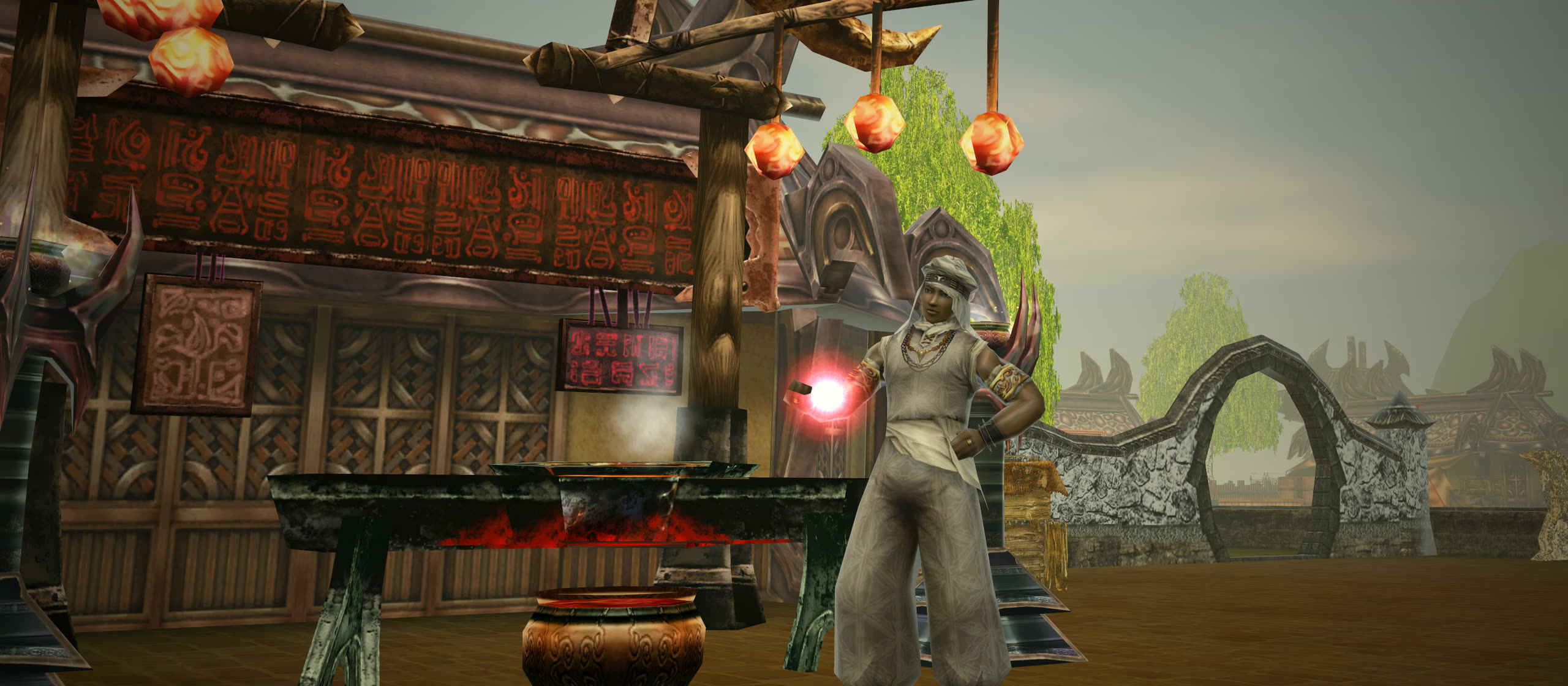 In-game photo: the Alchemist of Xiah Prairie holds a glowing orb beside his cauldron and forge under hanging lanterns