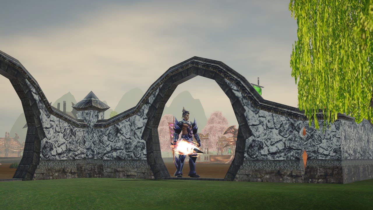 An armoured character in the Prairie moon gate with the village behind
