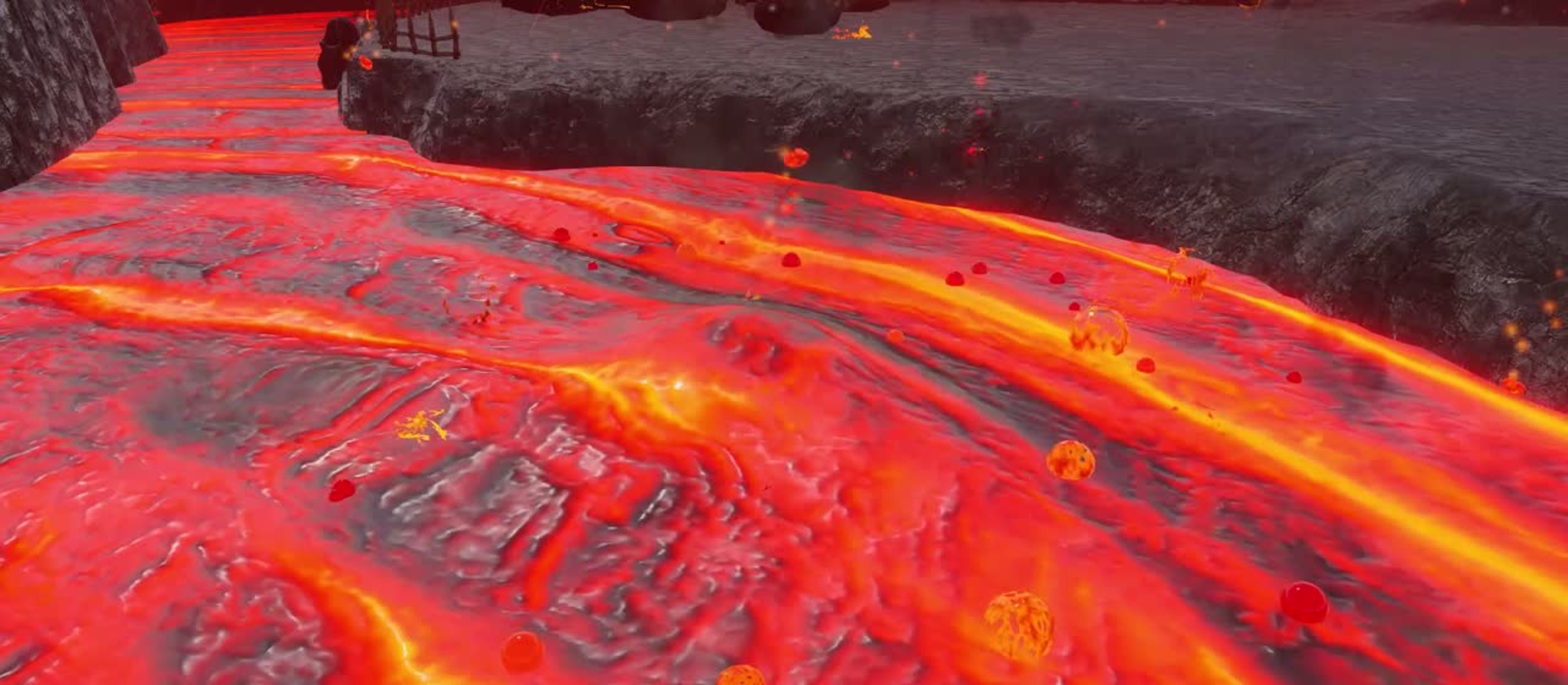 In-game view of a lava pool in Volcano swelling up under its cooling crust